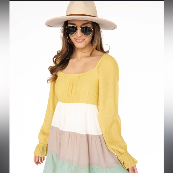 Blu Pepper Puff Long Sleeve Tiered Block-Color Dress Multi Color Yellow - Picture 2 of 5